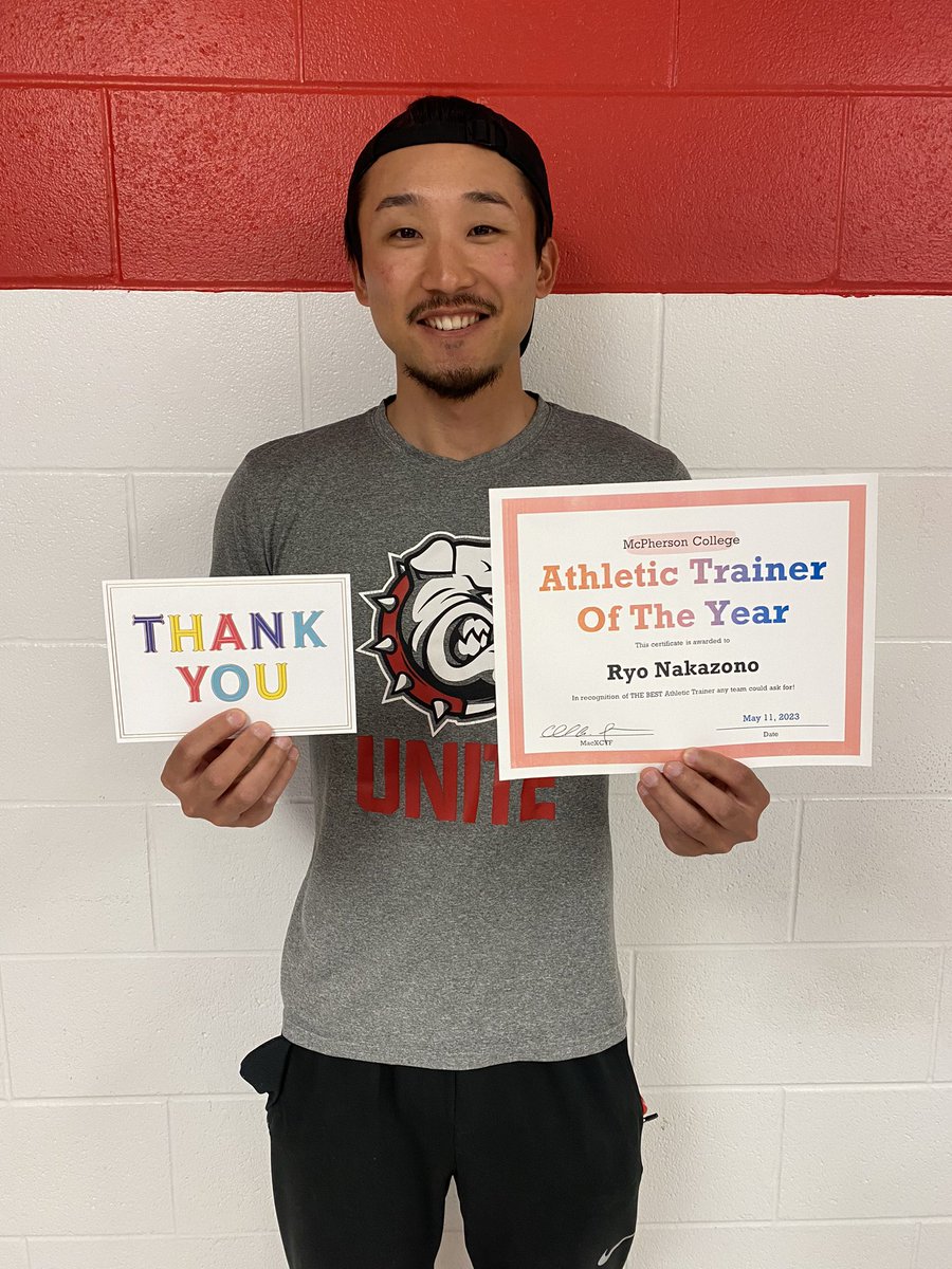 He did it! The Track and Field teams selected Ryo as their Athletic Trainer of the year! We can’t thank Ryo enough for his work, energy, and knowledge to keep us healthy and to the line ready to compete! Our program and McPherson College are blessed to have him on staff!