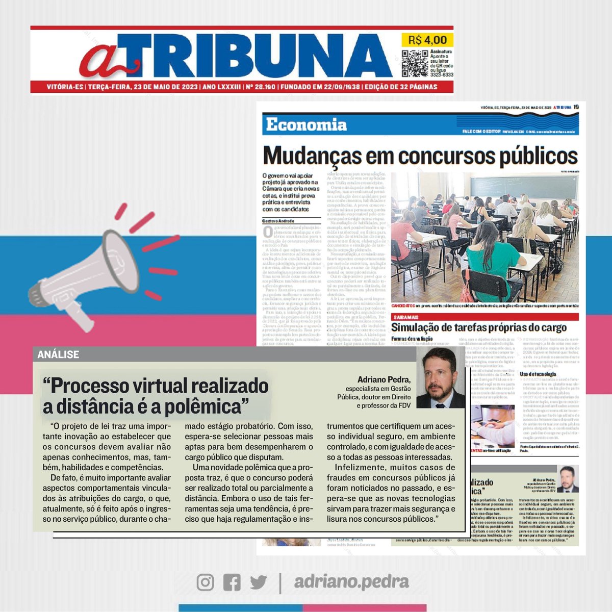 O Projeto de Lei nº 2258/2022 estabelece novas normas relativas a concursos públicos. 

Algumas novidades são polêmicas.

Você pode conferir a minha opinião na matéria de <a href="/gustaandrad/">Gustavo Andrade</a> para o jornal A Tribuna (<a href="/TribunaOnlineES/">Tribuna Online</a>) de hoje.

#ATribuna
#AdrianoPedra