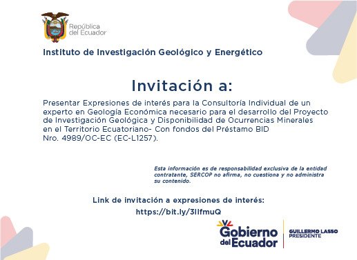 IIGE_Ec's tweet photo. 🔴 CONVOCATORIA DE ESTUDIO | El IIGE busca contratar experto en Geología Económica. 

¡Trabaja con nosotros! 

➡️https://t.co/kzX9X4E8Om

📨 Entregar documentación a: adquisiciones.bid@geoenergia.gob.ec https://t.co/hWuoyNyNQX