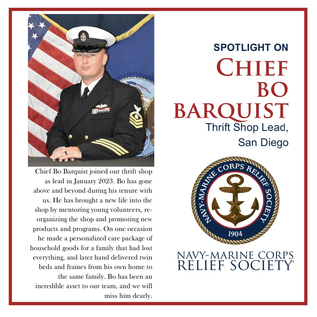 Spotlight on Chief Bo Barquist, Thrift Shop Lead, NMCRS San Diego 

#spotlight  #volunteering #nmcrs #navy #marines #dogood #giveback #volunteer #appreciation #nonprofitsofinstagram  #nmcrs