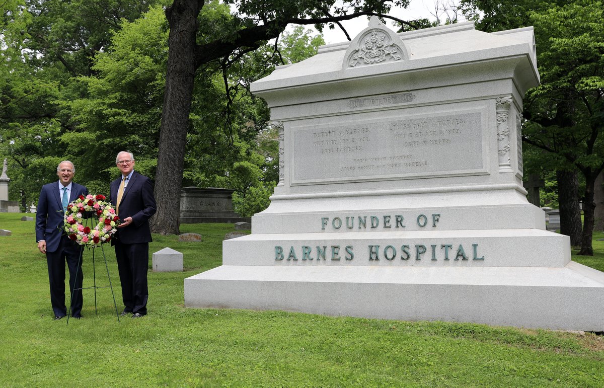 Each year at this time, our hospital president and board chairperson honor the wishes of Robert Barnes, the founder of Barnes Hospital, by laying a wreath at his resting place in Bellefontaine Cemetery.