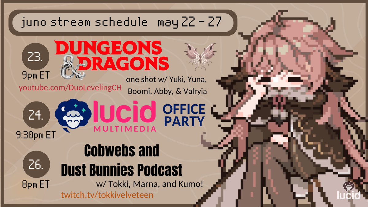 orion_juno's tweet photo. 🕯️juno schedule may 22 - 27🕯️
playing D&D for the first time TONIGHT!!
then an office party AND a podcast ? i'm gonna be a busy moth!! :D
❥ general: #OrionJuno
❥ live: #junocast
❥ art: #sketchjuno
https://t.co/XKtzYyhgp3
https://t.co/38BLxN1zrr
#Vtubers #ENVtubers https://t.co/G1sTcHtHPi