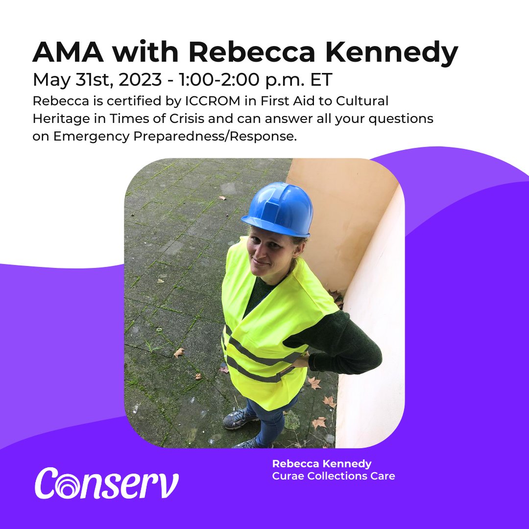 TeamConserv's tweet photo. We have an upcoming AMA (Ask Me Anything) on environmental strategies for preservation with Rebecca Kennedy of Curae Collections Care! @FoundInMuseums

Don't miss it! Ask her your questions on emergency preparedness before May 31st. https://t.co/PnIsp7uGfy https://t.co/9pcF5yuuvY