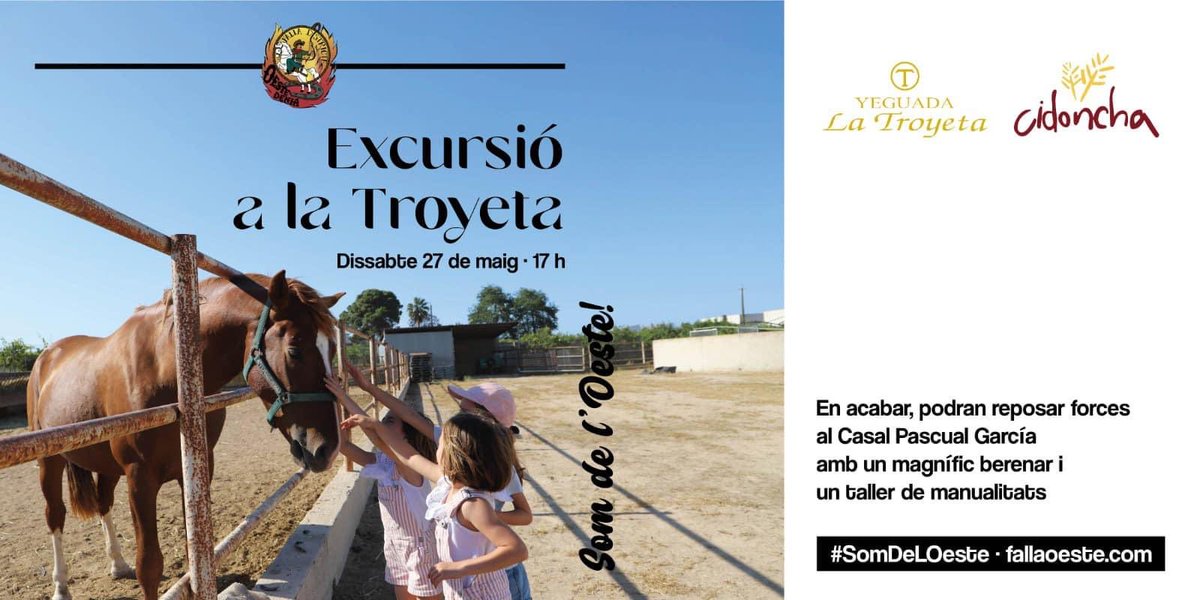 FallaOeste's tweet photo. El dissabte 27 de maig a la vesprada, la nostra xicalla vaquera gaudirà d’una excursió a @latroyeta. Tot seguit, tindrà lloc al casal, un berenar de la mà de #Cidoncha i un taller de manualitats👏🏻!
💛 #SomDeLOeste #SomXicalla
👉https://t.co/witbaWH6mV https://t.co/PXAz1PndaD