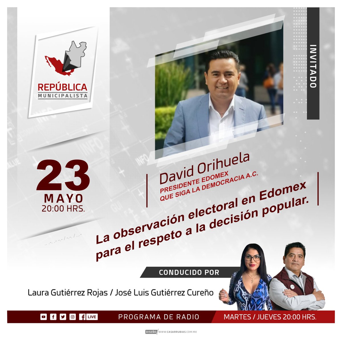 RepMunicipal's tweet photo. 📆 Hoy en #RepúblicaMunicipalista, conversamos con @DavidOrihuelaNa Presidente en Edomex de la asociación civil @QueSigaMX 
▫️
Acompáñanos a las 20:00 hrs. en #LaRadioMunicipalDeMéxico 
▫️
#GobiernoLocal #Elecciones #Municipalismo #QueSigaLaDemocracia https://t.co/MjPQEEfmRp
