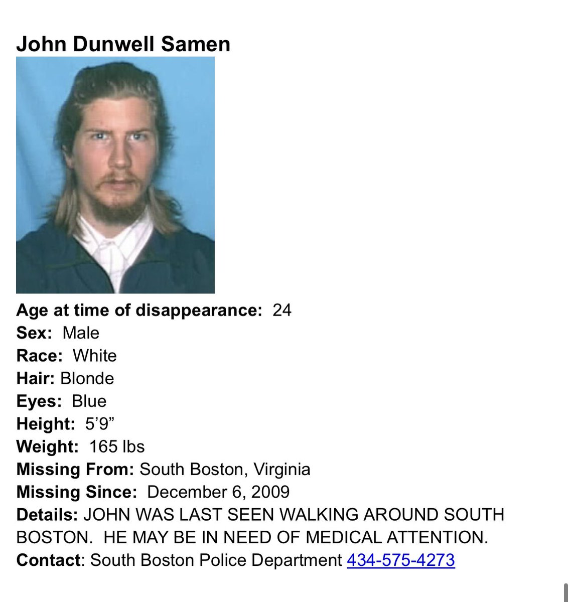 From the VSP missing persons website:  #missingperson #southboston