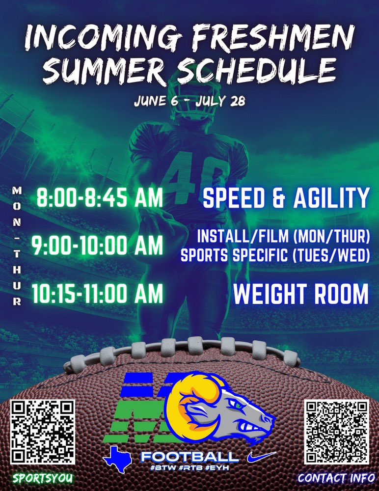 Montwood Football (@montwoodfb) on Twitter photo 🚨🚨INCOMING FRESHMEN🚨🚨 This is your 🔥☀️Summer Schedule☀️💥!! Scan the QR Codes to be on our SportsYou communication platform & to submit your shirt/short sizes!! <a href="/Slider_Middle/">William D. Slider Middle School</a> <a href="/Montwood_MS/">Dr. Melissa (Martinez) Saenz</a> <a href="/rjohnson_bss/">Coach Johnson</a> 🚨🚨INCOMING FRESHMEN🚨🚨 This is your 🔥☀️Summer Schedule☀️💥!! Scan the QR Codes to be on our SportsYou communication platform & to submit your shirt/short sizes!! <a href="/Slider_Middle/">William D. Slider Middle School</a> <a href="/Montwood_MS/">Dr. Melissa (Martinez) Saenz</a> <a href="/rjohnson_bss/">Coach Johnson</a>