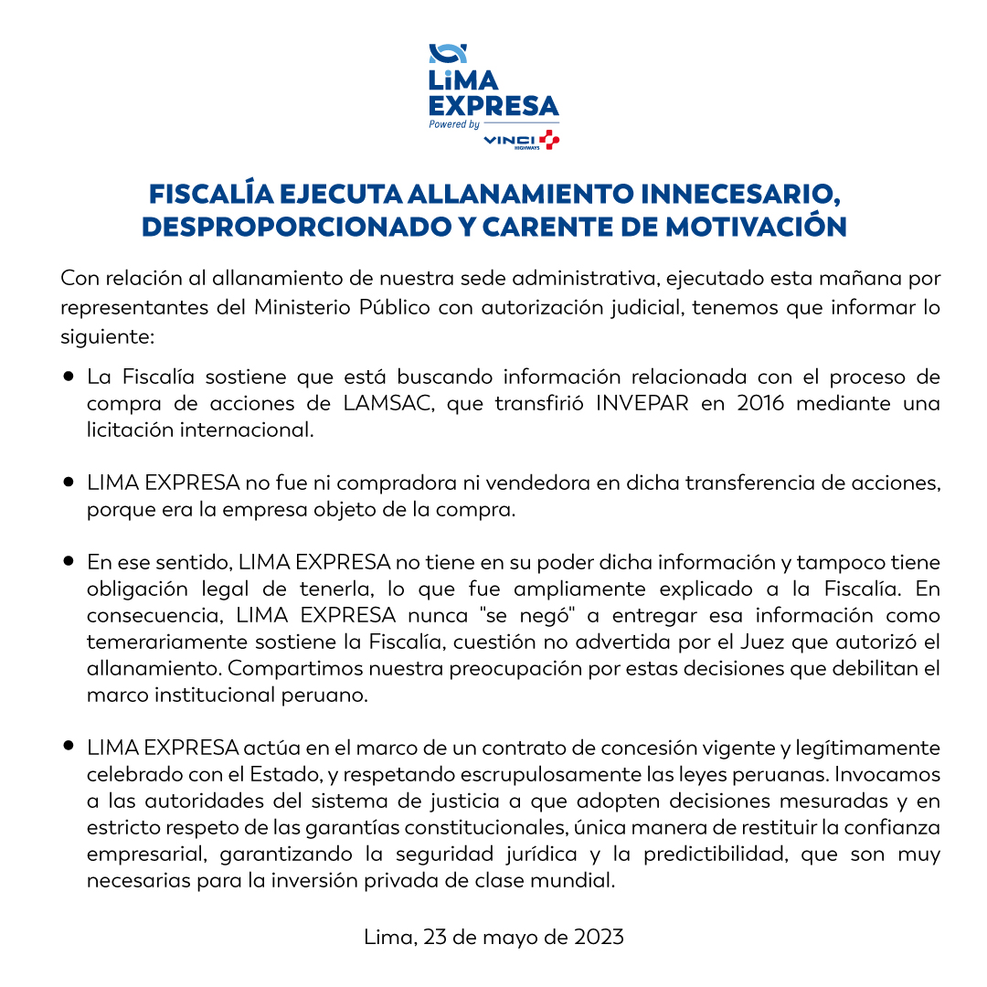LimaExpresa's tweet photo. Emitimos comunicado sobre el allanamiento de nuestra sede administrativa: Fiscalía ejecuta allanamiento innecesario, desproporcionado y carente de motivación. https://t.co/1LzieKFrR1