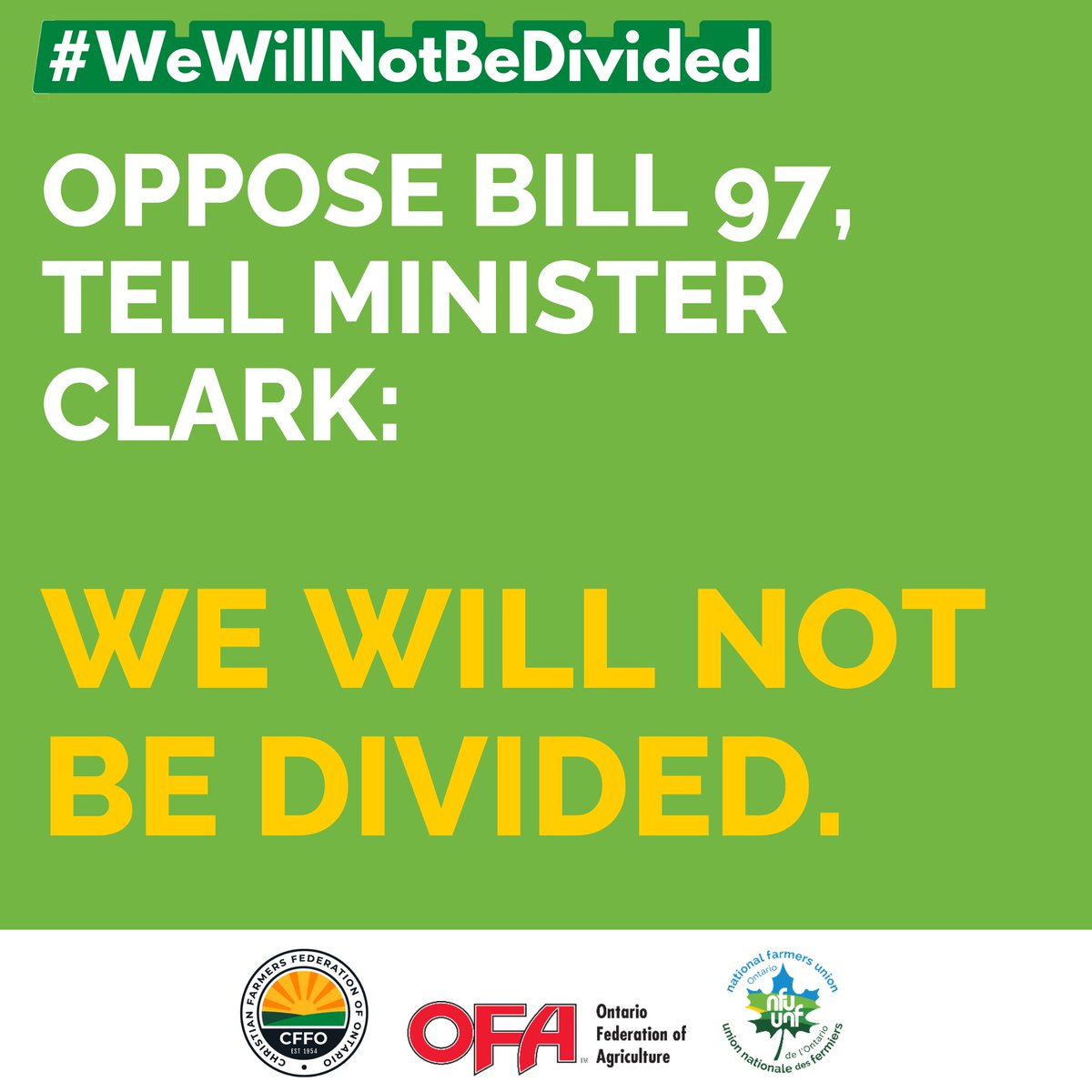 Bill 97 &amp; PPPS will weaken farmland protections by allowing up to 3 lot severances per farm parcel in prime ag areas for non-farm uses.

We need your voice! Send a letter now:
christianfarmers.org/bill-97-propos…

#WeWillNotBeDivided #OpposeBill97 #ChristianFarmers <a href="/NFUOntario/">National Farmers Union - Ontario</a>  <a href="/OntarioFarms/">Ontario Federation of Agriculture</a>