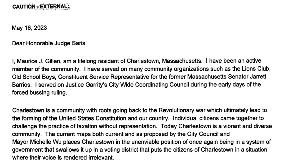 gintautasd's tweet photo. For folks closely following redistricting, a (fun?) tidbit: Charlestown's Moe Gillen has formally filed with Judge Saris, the federal judge overseeing the redistricting lawsuit, his map, also known as "The Moe Map"

It was published in @DotNews last fall
https://t.co/6Uw32AbVNb https://t.co/qiSvUfwdaG