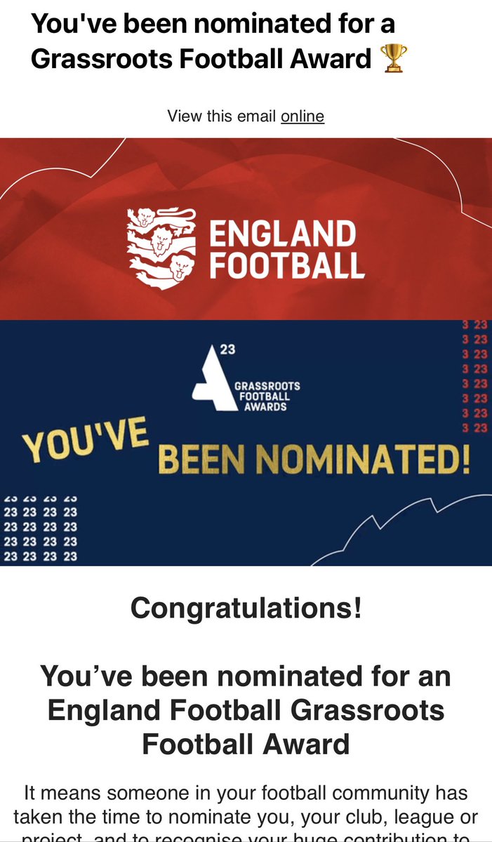PhilipNev's tweet photo. Received an unexpected email today from @EnglandFootball having been nominated for an England Grassroots Award. 

Being involved as a volunteer in Grassroots does feel a thankless task for much of the time, so a massive thank you to whoever put my name forward. https://t.co/P7qaatVPGS
