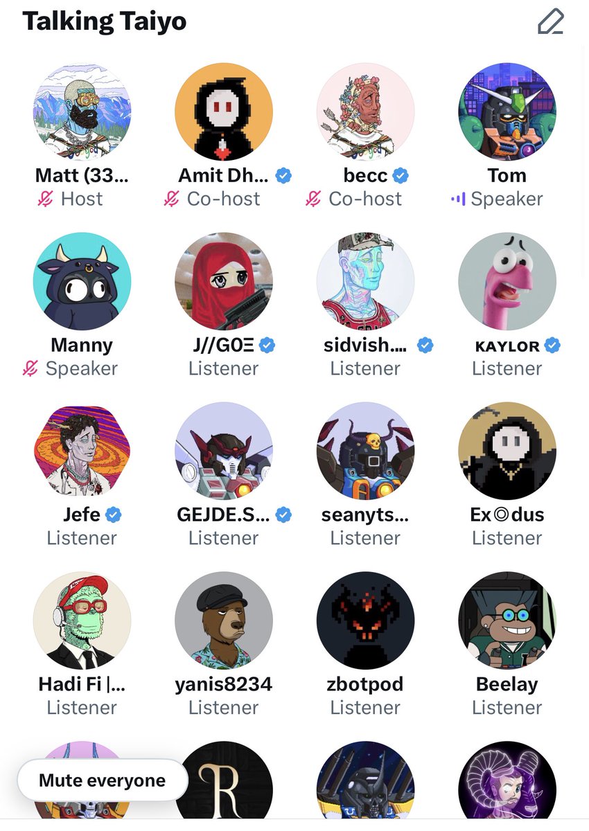 Brilliant spaces by <a href="/Matt_NFTcrypto/">Matt</a> and @cryptobecc with <a href="/SolportTom/">Tom</a> making an appearance.

Heard some Taiyos were bought during 😉

Who shall we have next 👀

<a href="/_portals_/">Portals</a> 
<a href="/GalacticGeckoSG/">🟩Galactic Gecko Space Garage 🦎 🛸 🪐</a> 
<a href="/adam_ape_/">ADAM 🐧</a>