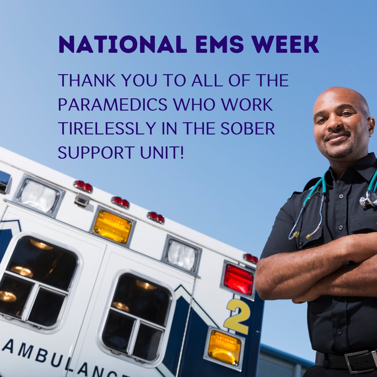 Did you know it's National EMS Week? We want to give a shout-out to the paramedics on our Sober Support Unit team that work hard year-round to provide excellent service and support to the community. We are grateful to have each of you on our team!

#crisistohope #ems #paramedics