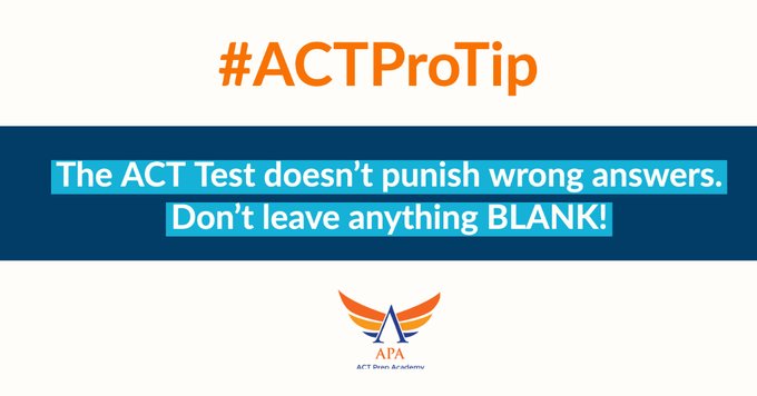 myprepacademy's tweet photo. #ACTProTip READING: The #ACTTest doesn't punish wrong answers. Don't leave anything BLANK!
#ACTPrep #sat #collegeprep #tutoring #satpractice #acttestprep #satprotip #actprotip #satreading #actprep #satprep #english #word #learnenglish #spelling #homeschool #englishtutors https://t.co/k8zwWqwRdd