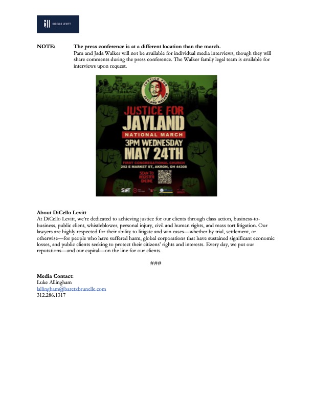 Jayland Walker’s family and its legal team at <a href="/DiCelloLevitt/">DiCello Levitt</a> will join the community in a Justice for Jayland march. 05.24.

<a href="/BobbyDicello/">Bobby DiCello</a>, <a href="/KenAbbarno/">Ken Abbarno</a>, Elizabeth Paige White, and Joe Fouche

#JusticeForJayland