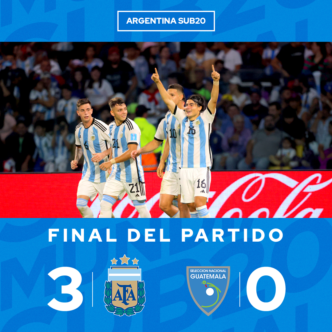 Argentina's tweet photo. 🏆 #MundialSub20

⚽ @Argentina 🇦🇷 3 (Alejo Véliz, Luka Romero y Máximo Perrone) 🆚 #Guatemala 🇬🇹 0

👉 ¡Final del encuentro!

🔜 El elenco comandado por Javier Mascherano se medirá el próximo viernes ante #NuevaZelanda 🇳🇿 https://t.co/bx7yo65V7F