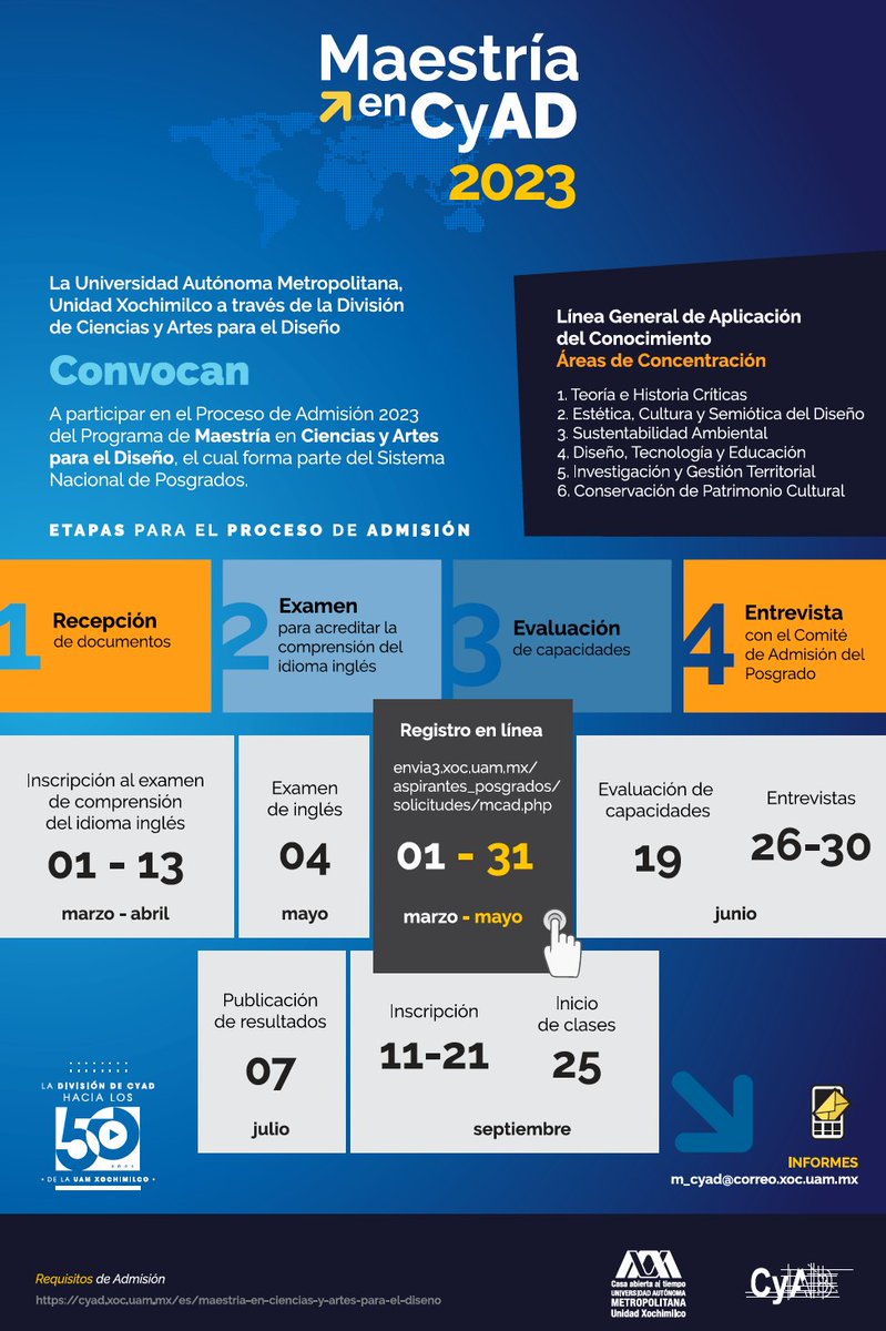 lauammx's tweet photo. ¡Apúntate! Maestría en Ciencias y Artes para el Diseño
.
🗓 Inicio: septiembre 25
🗓 Recepción de documentos: hasta mayo 31
🗓 Evaluación: junio 19
🗓 Resultados: julio 7
🌐 https://t.co/PfVAHxZBmm
📧 m_cyad@correo.xoc.uam.mx
.
#UAM #SoyUAM #PosgradoUAM
#LiderEnConocimiento https://t.co/FgxweszN2M
