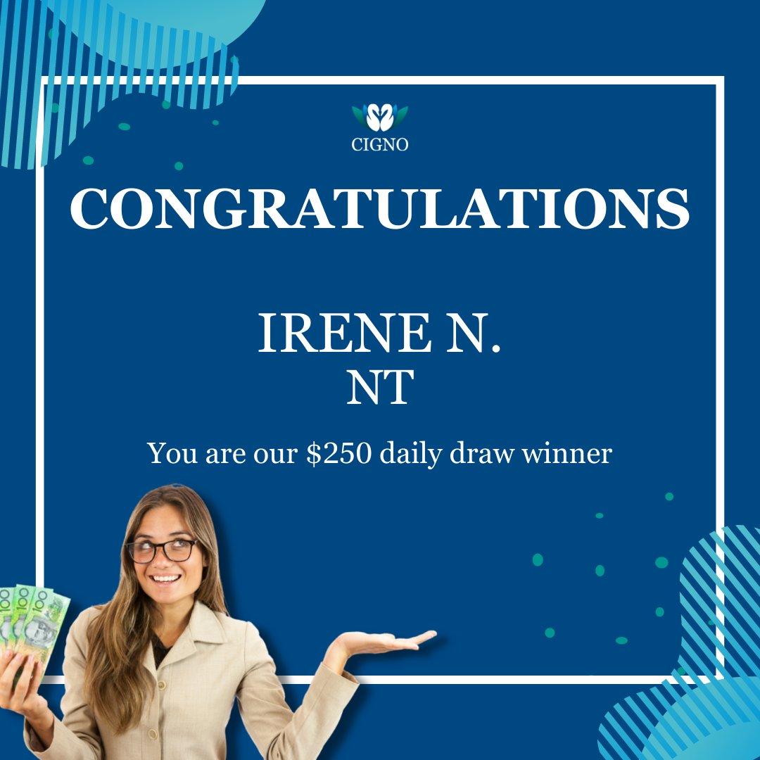 CignoLoans's tweet photo. Here is yesterday's lucky winner of our $250 Daily Cash Competition Members Draw. Congratulations IRENE N. from NT! #CIGNOMembership #DailyDraw #Winner #Australia https://t.co/XOsth7BJKI