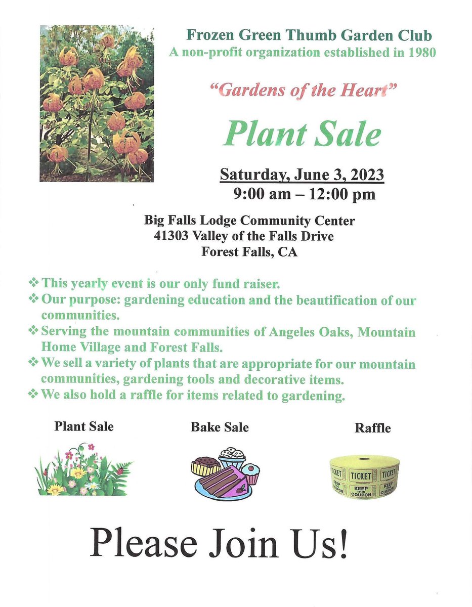 ForestFallsCA's tweet photo. Annual play sale June 3rd, sponsored by the Frozen Green Thumb Garden Club. https://t.co/Eh5EQc6rpa