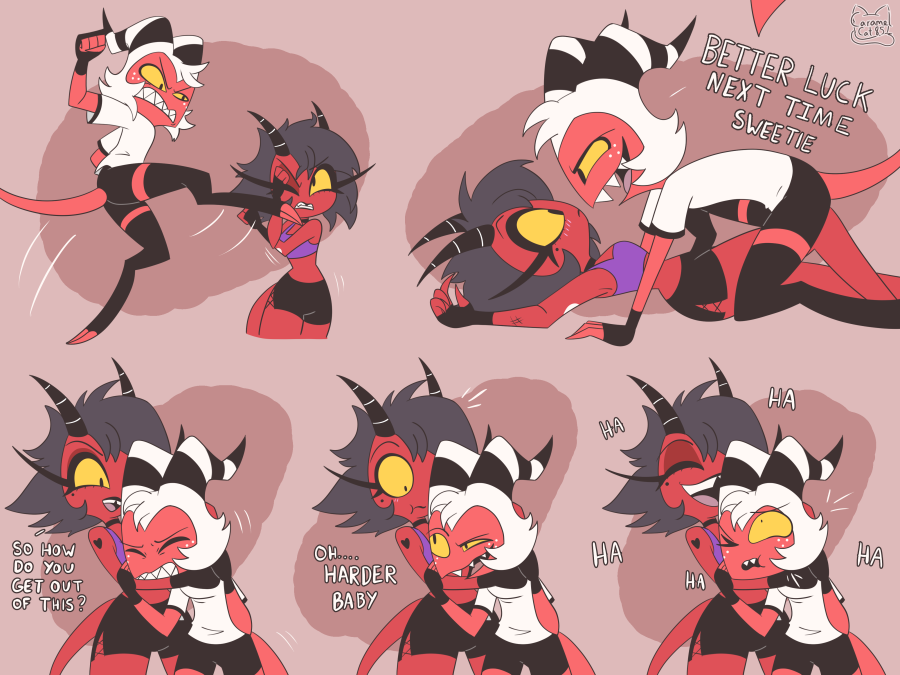 'Together we are a lethal combo!' After Training! #HelluvaBoss #HelluvaBossFanart #MoxxieXMillie #Moxxie #Millie #HelluvaBossMillie #HelluvaBossMoxxie #caramelcat85 #Vivziepop  The amount of DBZ clips I had to watch for this piece!!