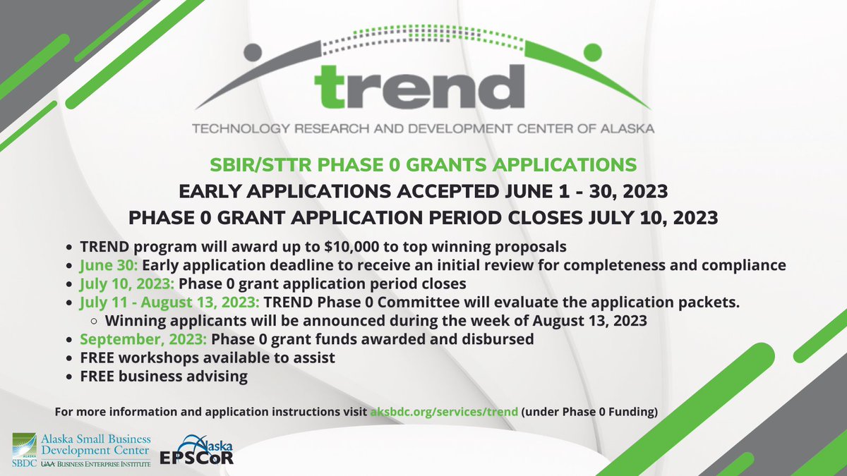 alaskasbdc's tweet image. 📢 Exciting news! The Alaska SBDC TREND program, in collaboration with UAF EPSCoR, will begin accepting 2023 Phase 0 grant applications on June 1, 2023.  Don't miss out on this opportunity! Learn more at bit.ly/3WwBFUr. 

#AlaskaSBDC #TRENDprogram #EPSCoR #Innovation