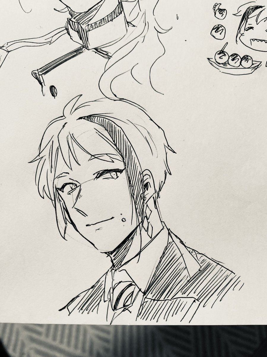 朝の一発描き 澄ました顔をしているが冷蔵庫のプリンを勝手に食べた男