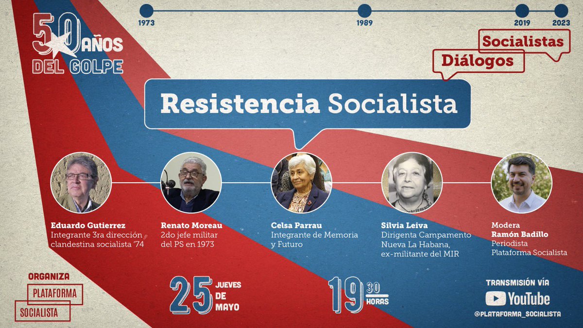 rabadillo's tweet photo. 🔴 A 50 años del Golpe la @PlaSocialista conmemora este año histórico con 6 Diálogos Socialistas.

🗓️ Este 25 de mayo a las 19:30 horas dialogamos sobre la “Resistencia Socialista”. 

🎥 Sigue la transmisión en vivo acá: https://t.co/tATDlNZWHY https://t.co/1B83vYADGG