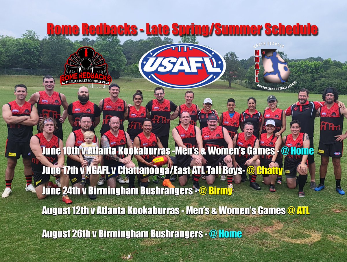 RomeRedbacks's tweet image. Whats left of Spring and into Summer games for the Redbacks. Remember there are AFLS - Social games, as well as these every Sunday at 3:00pm. Striking while the iron is hot. two full women's games planned v Atlanta June 10th here, and August 12th in ATL.