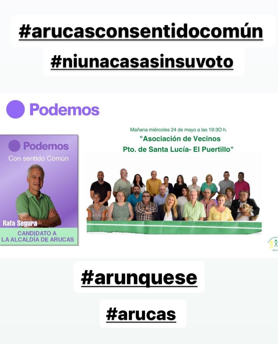podemos_arucas's tweet photo. Miércoles 24 de mayo te esperamos en la Asociación de Vecinos Pto. de Santa Lucía - El Puertillo para que nos comentes tus inquietudes y presentarte nuestra candidatura y las propuestas de la confluencia Podemos Arucas y la Plataforma Vecinal Arucas. https://t.co/FebEmCzJUW