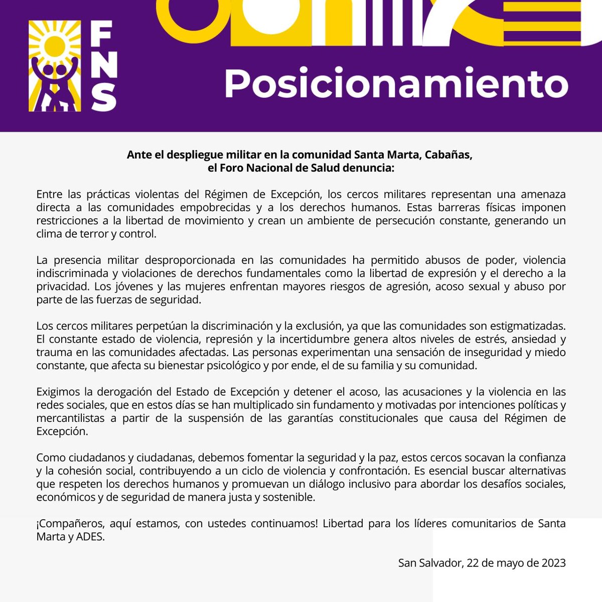 #Posicionamiento | La presencia militar en las comunidades ha permitido abusos de poder y violaciones de derechos. Los jóvenes y mujeres enfrentan riesgos de agresión, acoso sexual y abuso. Ante la amenaza de un despliegue militar en <a href="/CSantaMarta1987/">Comunidad Santa Marta</a>, el <a href="/FNS_OficialSV/">Foro Nacional de Salud</a> denuncia: