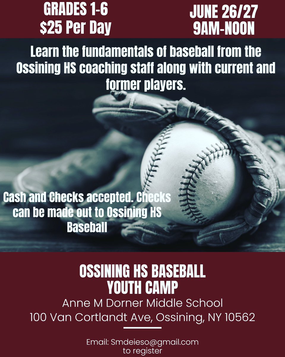 OVBaseball2025's tweet photo. Exciting new. We will be having a 2 Day Youth Baseball Camp this Summer @OSSATHLETICS @OssiningJCYSLL @MrHerrera_AD @OABCBoosters https://t.co/ZNWVRJlNky