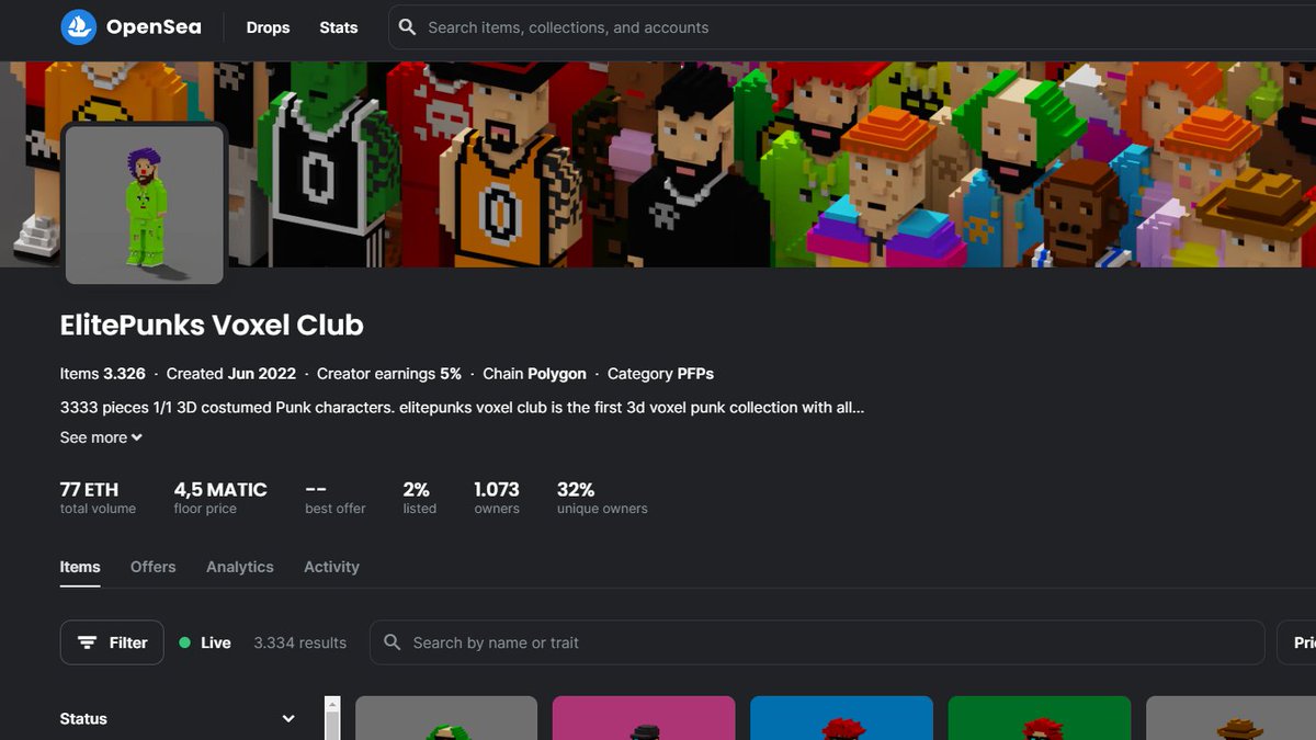 ElitePunks Voxel Club 🍻
3333 pieces 1/1 3D costumed Punk characters🍻The most detailed voxel disc collection on the nft market🍻<a href="/opensea/">OpenSea</a>
%2 Listed !

opensea.io/collection/eli…

#ElitePunks #ECC #EPPC $EP #opensea #OpenSeaNFT #NFT #NFTs #voxelart #Polygon