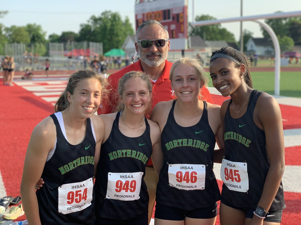 The <a href="/NorthridgeTrack/">Raider Track & Field</a> 4x800 relay team wins the regional championship and is all smiles with <a href="/BoHundt21/">Bo</a>
