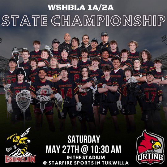 enumclaw_lax's tweet image. This is it! Saturday morning, 10:30am your boys lacrosse team will be competing in the WSHBLA 1A/2A State Championship!!

Head out to Starfire Sports in Tukwila to cheer us on as we take on the Orting Cardinals! You don’t want to miss this one! LETS GO HORNETS!🥍🐝