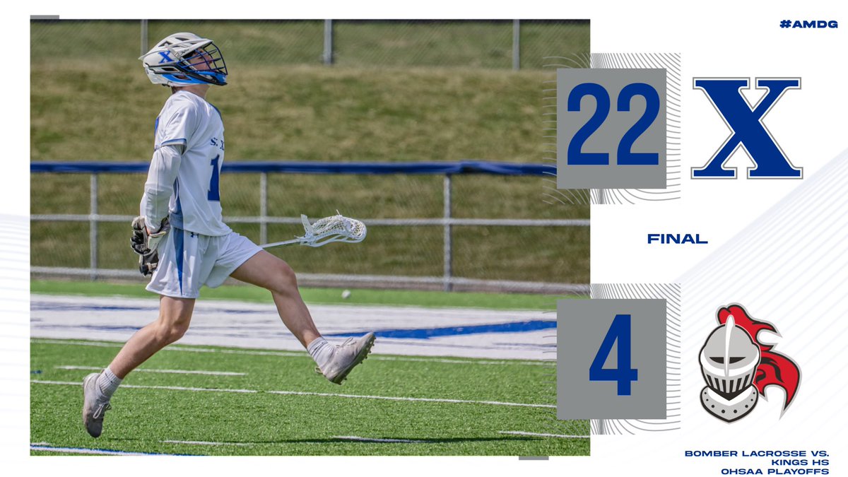 Bombers WIN over Kings! Stats:

Johnnie Guttman 7G / 4A
Khalif Hocker 4G / 3A
Brendan Deeley 3G / 2A
Spencer Stegbauer 2G
Luke Sprong 2G 
Trent Yelton 9 saves

Bombers take on the winner of Moeller and Mason on Friday for the Regional Championship (TBD!)!

#GoBombers | #AMDG