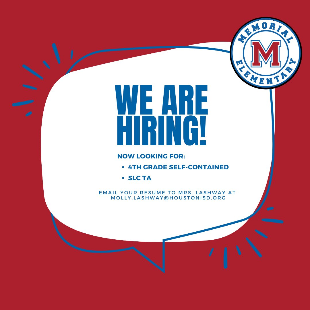 We are looking for a few more staff members to join the Memorial family for the 2023-2024 school year!🎉 @MemorialElm @JoseHCordova1 @quel_joel @pto_memorial