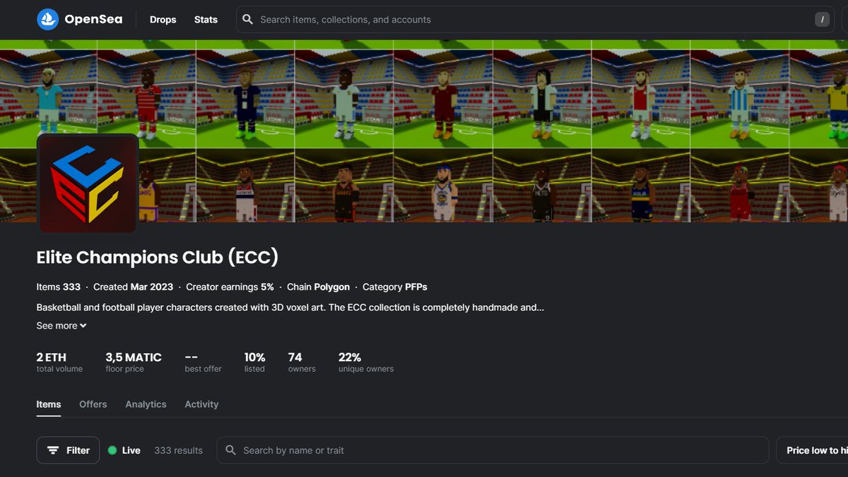 Elite Champions Club (ECC)⚽️🏀

Basketball and football player characters created with 3D voxel art (fully custom made with hairstyles, tattoos, accessories, club jerseys) #ECC

opensea.io/collection/eli…

#ElitePunks #ECC #EPPC $EP #NFT #opensea #OpenSeaNFT #NFTs #polygon #art