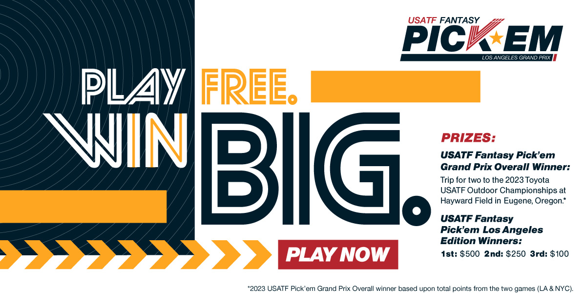 usatf's tweet photo. Think you know track and field? Test yourself against the nation’s top fans by playing the USATF Fantasy Pick’em Los Angeles Grand Prix Game.

Play free. Win big. Make your picks: https://t.co/3acp62Qutv. https://t.co/5eKmi5bAAv