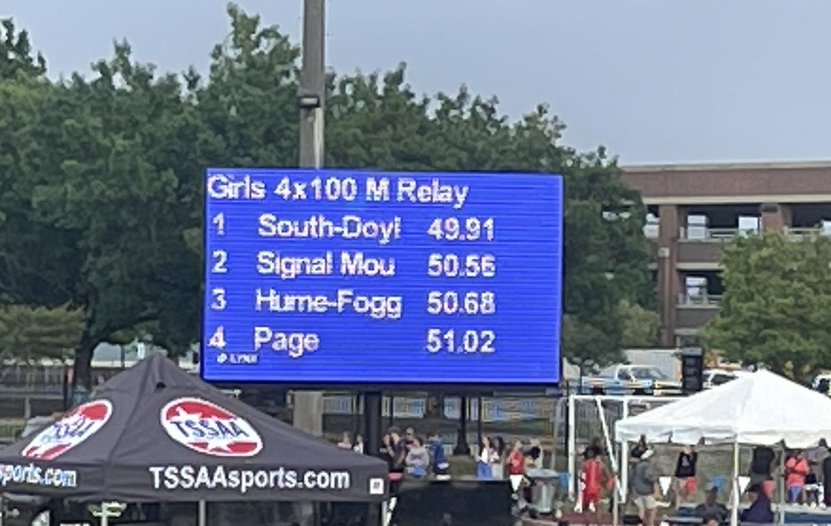 Kkristy2's tweet photo. Congratulations South-Doyle girls track! State Champions 4x100 Relay AA.  We are going to need a new sign @CarsonDailey6 @SDHS_DrCarr @southdoyletrack @donmadgett @KCS___Athletics https://t.co/PuR3K8JVeC