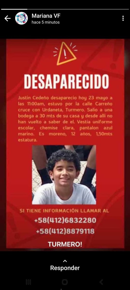 Esta criatura se encuentra desaparecido.  Es de Turmero, Estado Aragua. Si alguien tiene información  de su paradero se agradece información a los números publicados. Su madre está desesperada. Por favor ayúdanos a difundir🙏🙏🙏