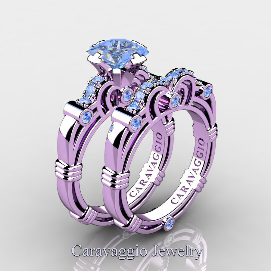 Luxury Bridal 💎 caravaggiojewelry.com/?p=428042 Art Masters Caravaggio 14K Lilac Gold 1.25 Ct Princess Light Blue #Sapphire Engagement Ring Wedding Band Set R623PS-14KLGLBS at Caravaggio™ Jewelry