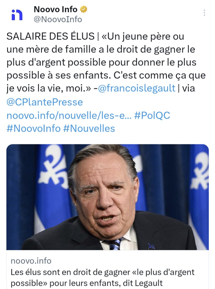 Wow !
Les enseignant(e)s et les infirmières ont quant à elles le droit de négliger leurs enfants pour une augmentation sous l'inflation.
Merci M. Legault 🤦