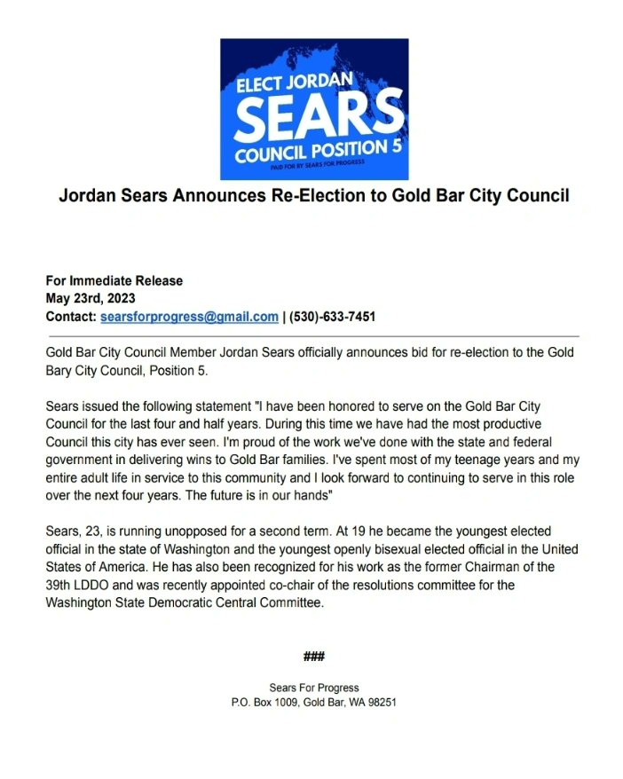 JordanSears1999's tweet photo. I'm officially running for re-election unopposed! I'm proud of the work we've done the last four years and I'm ready to continue that work! #FourMoreYears #SearsForProgress #SearsForCouncil #SearsForCouncil5 #SearsForGoldBar https://t.co/3MoRVNDGda