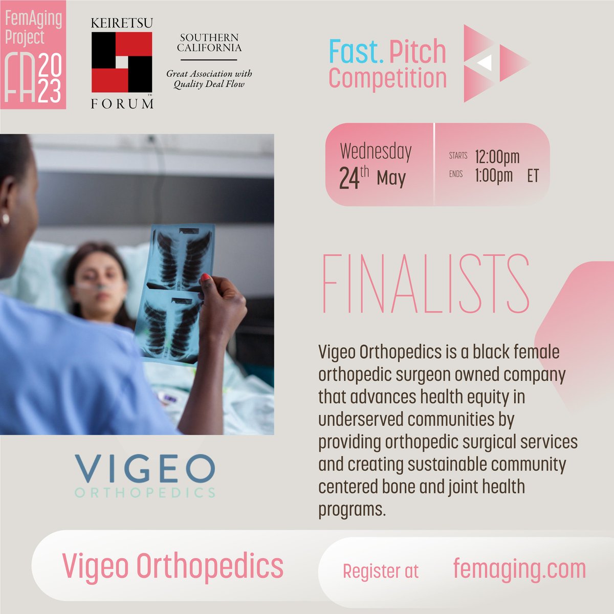 My company, @VigeoOrtho, is a finalist 🙌🏾 in the FemAging Fast Pitch Competition which highlights healthtech innovations designed for women over 40! 👩🏽‍🦱👩🏻‍🦰🧑🏻‍🦳 Join me LIVE - 👀 Wed, 5/24 at 12pm ET/9am PT. Register at femaging.com/fastpitch/ #femaging #wisepause #k4socal