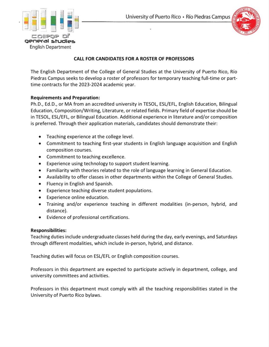 NorthernChPRTSL's tweet photo. UPR Río Piedras call for roster of professors English Department https://t.co/zN8hMFxtM9