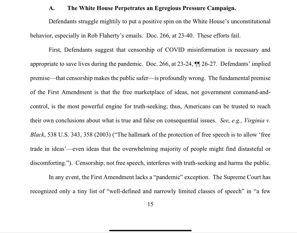 I highly recommend you take the time to read the entire 125 pages, because if I threaded them all we would be here well into tomorrow, but the behavior of Rob Flaherty from the WH was particularly egregious. The Plaintiffs make sure to remind us that the 1st Amendment doesn’t…