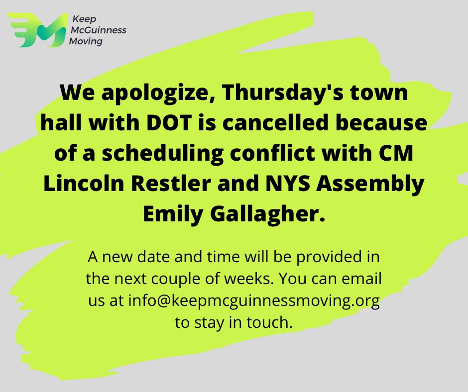 🚨🚨DOT HAS CANCELLED THEIR MEETING WITH US🚨🚨🚨 
PLEASE STAY ALERT FOR THIS MEETING TO BE RESCHEDULED & UPCOMING EVENTS!!!!!

#keepmcguinnessmoving #mcguinnessblvd #mcguinnessboulevard #greenpoint #northbrooklyn