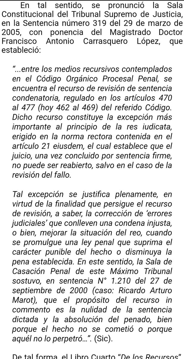WilsonGomezGB's tweet photo. Sentencia N° 053 del 10/03/2023 Sala de Casación Penal @TSJ_Venezuela Recurso de revisión podrá ser ejercido únicamente por los legitimados, contra la sentencia condenatoria definitivamente firme y solamente en favor de la persona condenada. Art. 462 COPP
https://t.co/ZbAZyMkhdp https://t.co/FJvbDYI8Ys