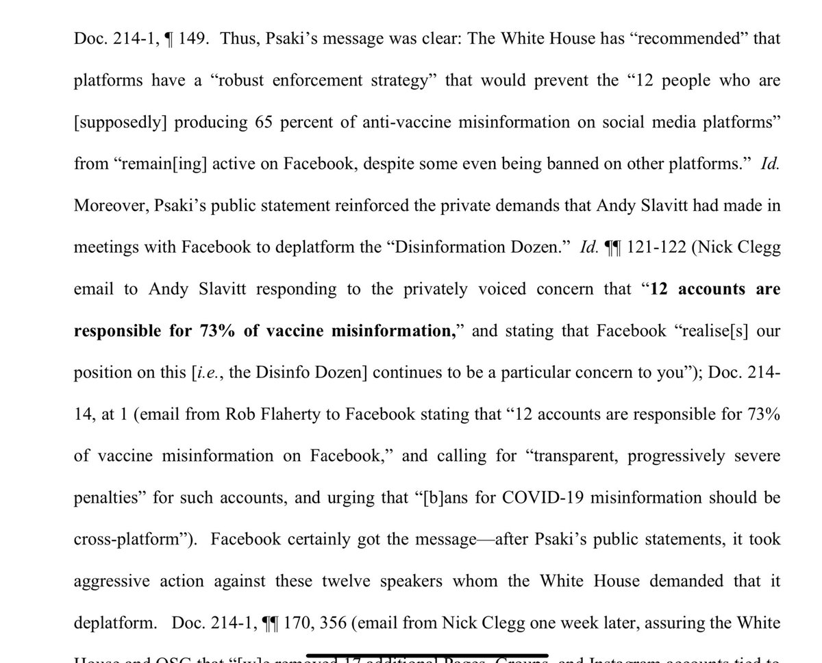 Social media companies acted in direct response to the WH calling out the “Disinformation dozen.” Evidence in the case proves that they acted to deplatform those branded within 24 hours of the WH publicly identifying them.