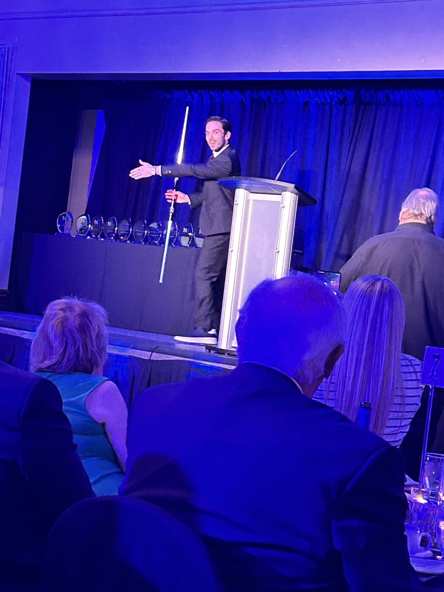 BurlingtonEcDev's tweet photo. Kicking things off in style at @burlingtoncofc Business Excellence Awards. Joseph Tassoni keeping everything organized and on time with Jedi skills #BurlONBiz #2023BizExcellence https://t.co/d7rHIkQrxE